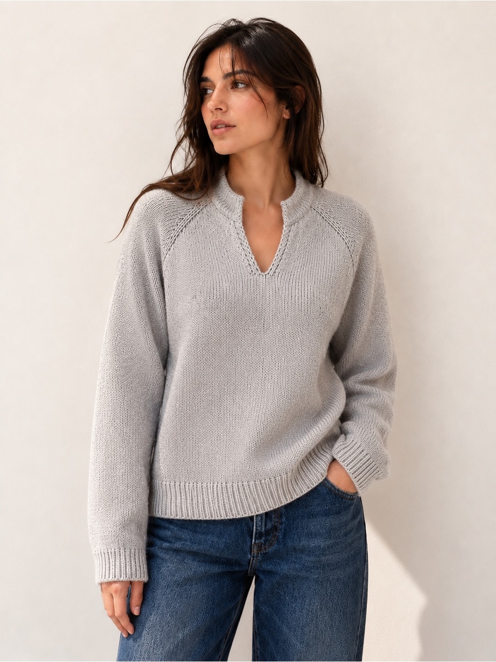 Haven Well Within Taupe Gray Cotton Blend Split Neck Sweater Size L